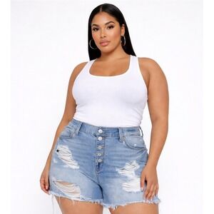 Mudd High Rise Shortie Denim Shorts Button Fly Distressed Raw Hem Women 15